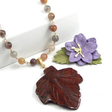 OOAK Hand Carved Gemstone Leaf And Agate Necklace
