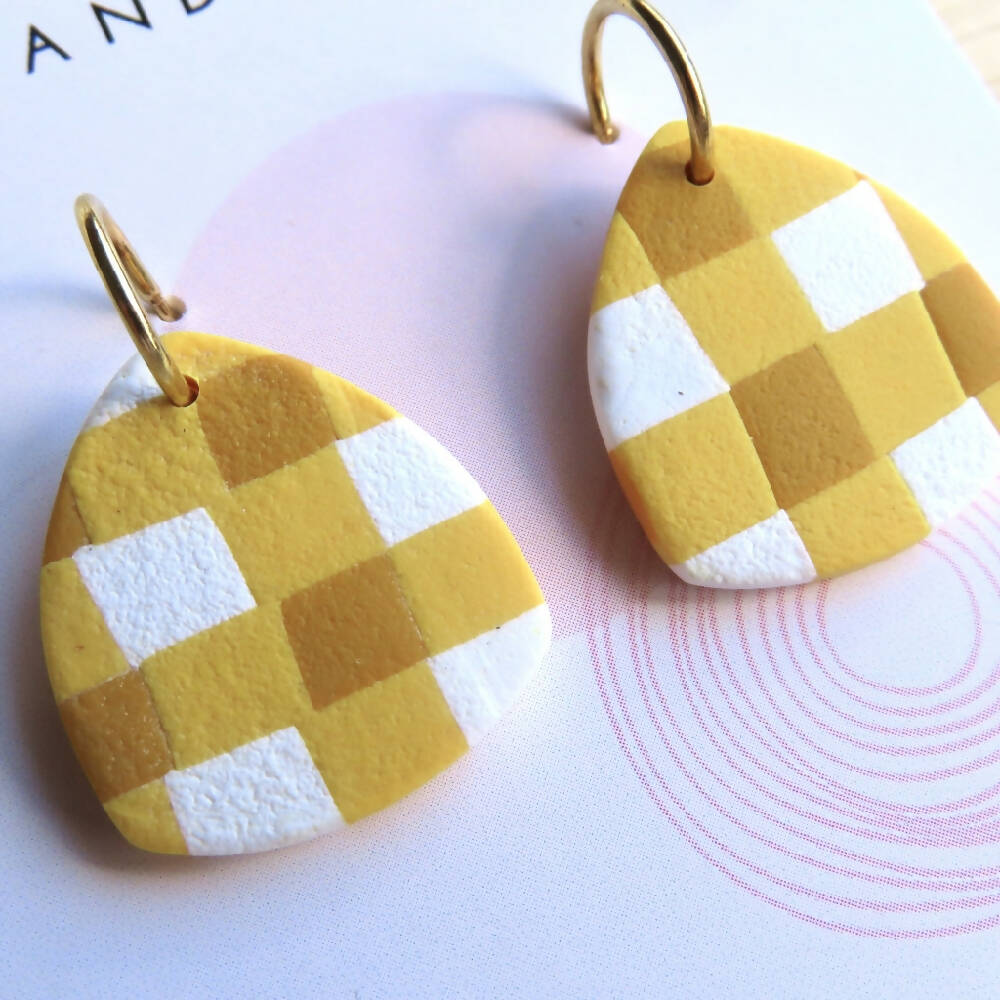 Yellow and White Textured Gingham Small Polymer Clay Earrings