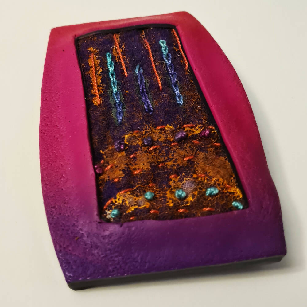 Pink polymer clay and felted brooch