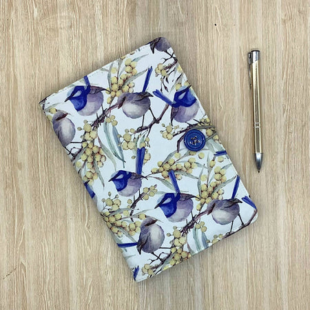 Blue Wren refillable A5 fabric notebook cover gift set - Incl. book and pen.