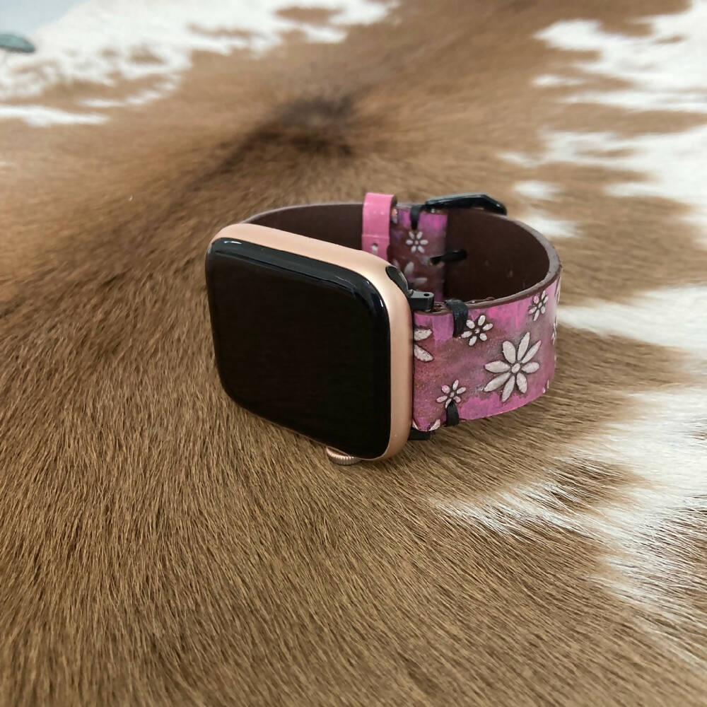 Leather Apple Watch Band - Pink with White Flowers