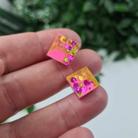 STUD Earrings - Petite Pink Square - Pink Gold Fuchsia - Resin
