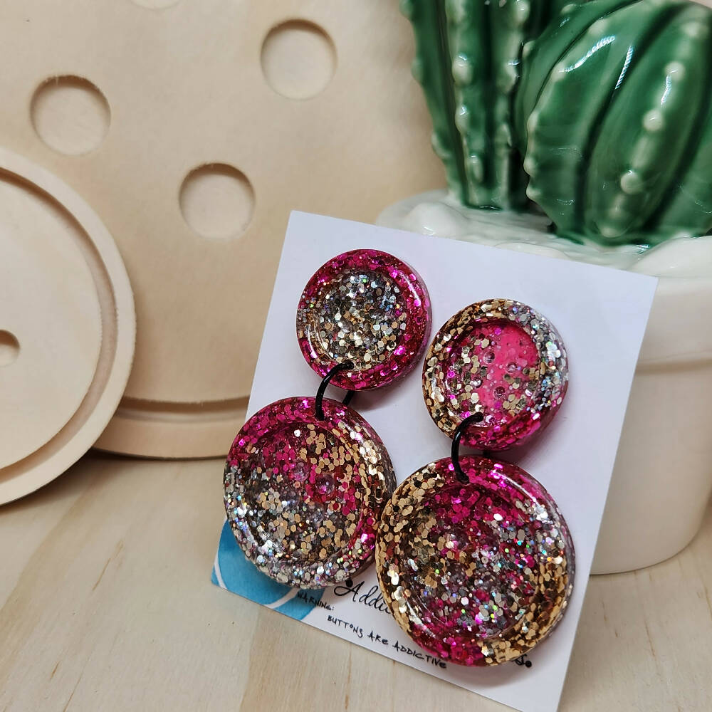 Dangle Earrings- Billie Button Bold Pink - Resin - Stud Top