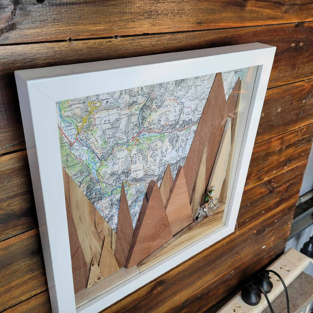 Original handcrafted cycling art composition of rider in the Alps