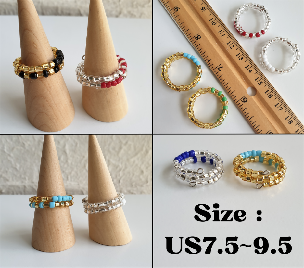 Colourful Opaque & Gold / Silver seed bead 2 line memory wire ring