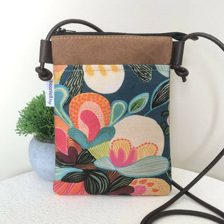 Cross Body Phone Sling Bag in Tan Canvas with Bush Flora