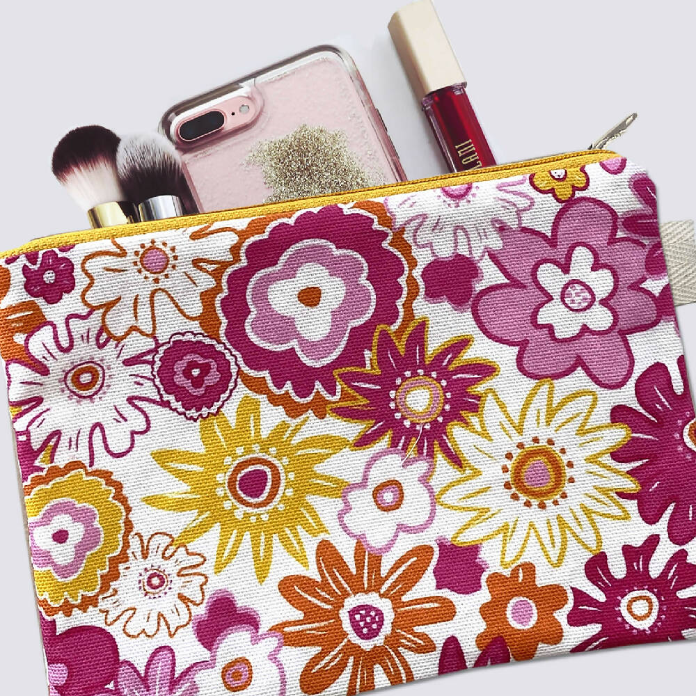 Zipper Purse - Fun Vibrant Seventies Vibe Flowers pattern print with secret message inside #25