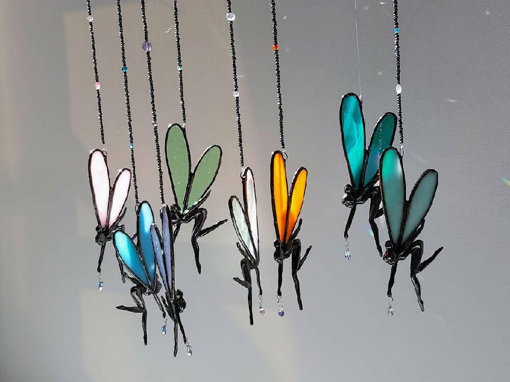 Stained glass fairy suncatcher, little pewter fairy hanger