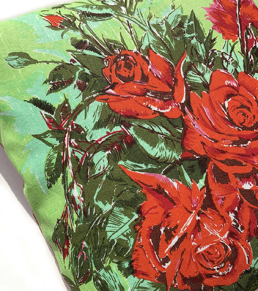 Handmade Vintage Red Roses Flowers on Green Linen Cushion Cover
