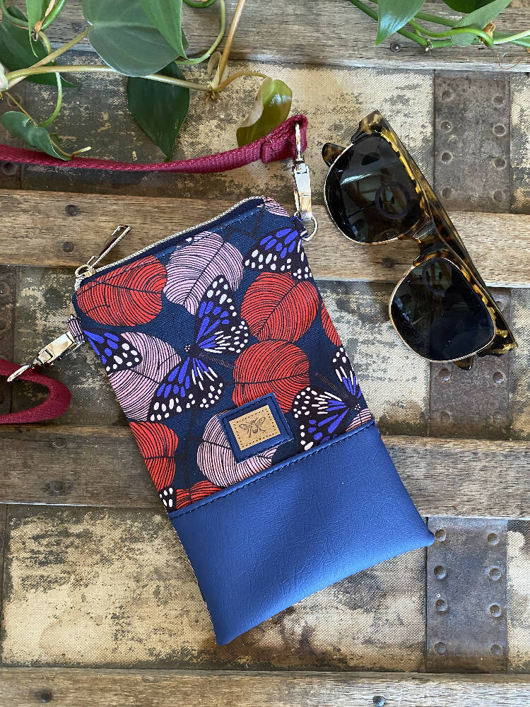 Mini & Small Crossbody Bag - Red Butterflies/Navy Faux Leather