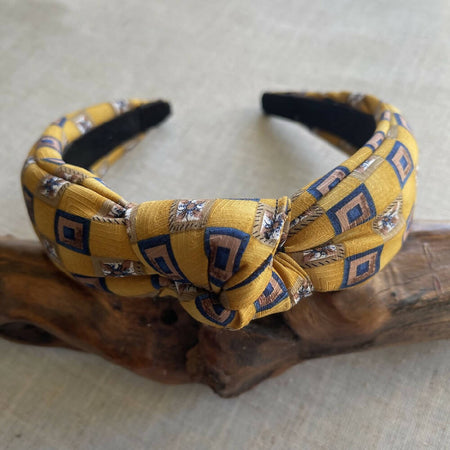 Upcycled Necktie Headband-Yellow with blue