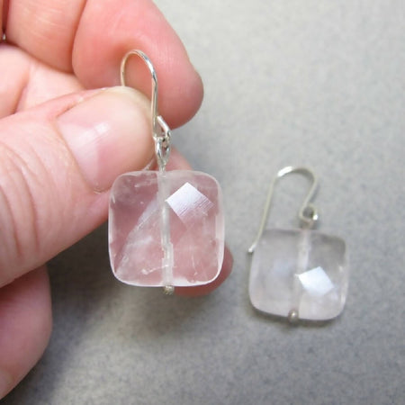 Rose quartz square cushion sterling silver earrings