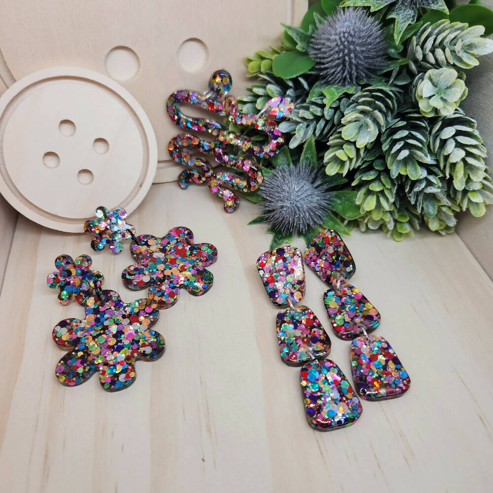 Dangle Earrings Rainbow Pop Sparkle - Resin - Stud Top