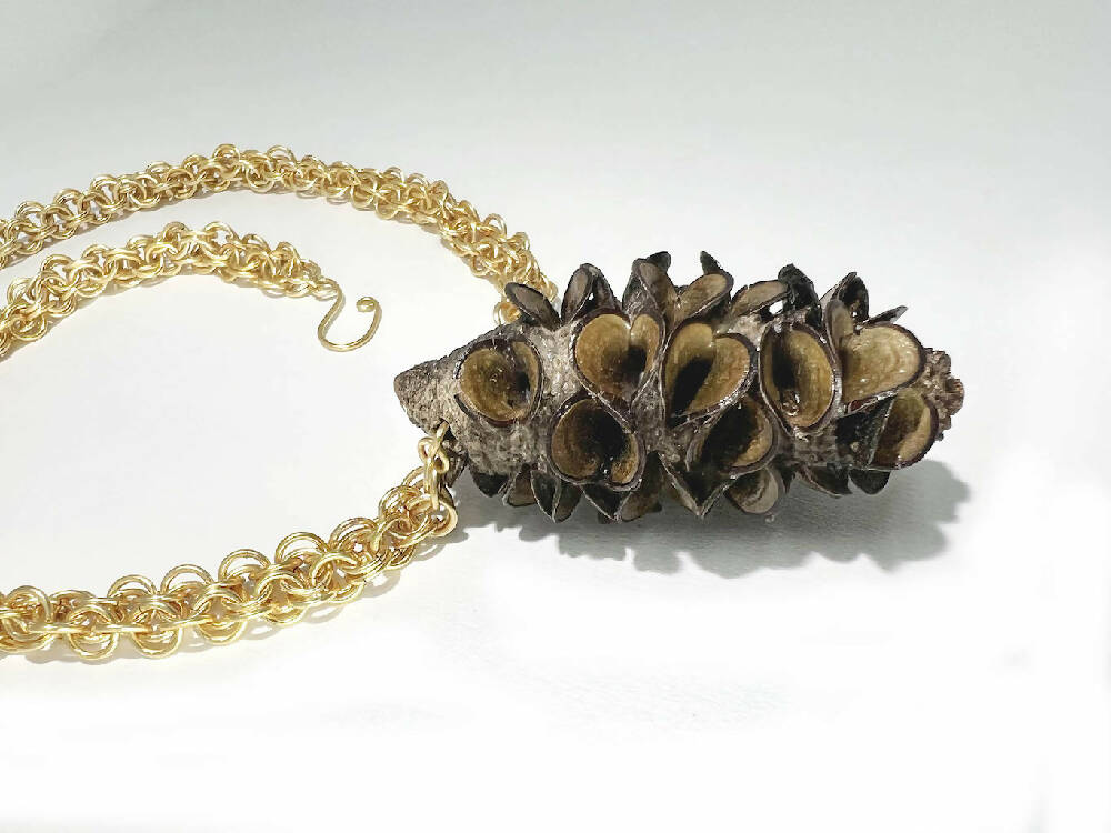 Handmade chain and banksia pod necklace, pod detail
