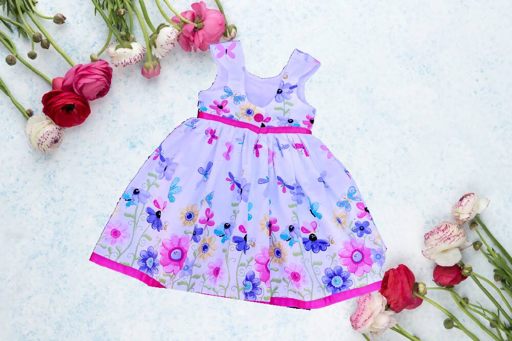 Girls Dress, Summer, Dragonflies Border, Size 1, 2