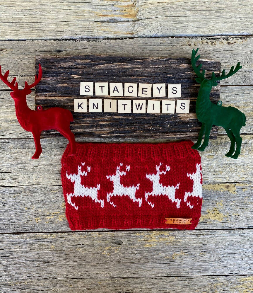 Staceys KnitWits Run Run Rudolph Headband Hand Knitted Bendigo Wool 1