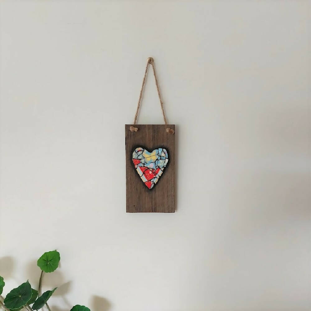 Broken china mosaic heart wall hanging, red & yellow butterfly mosaic on timber