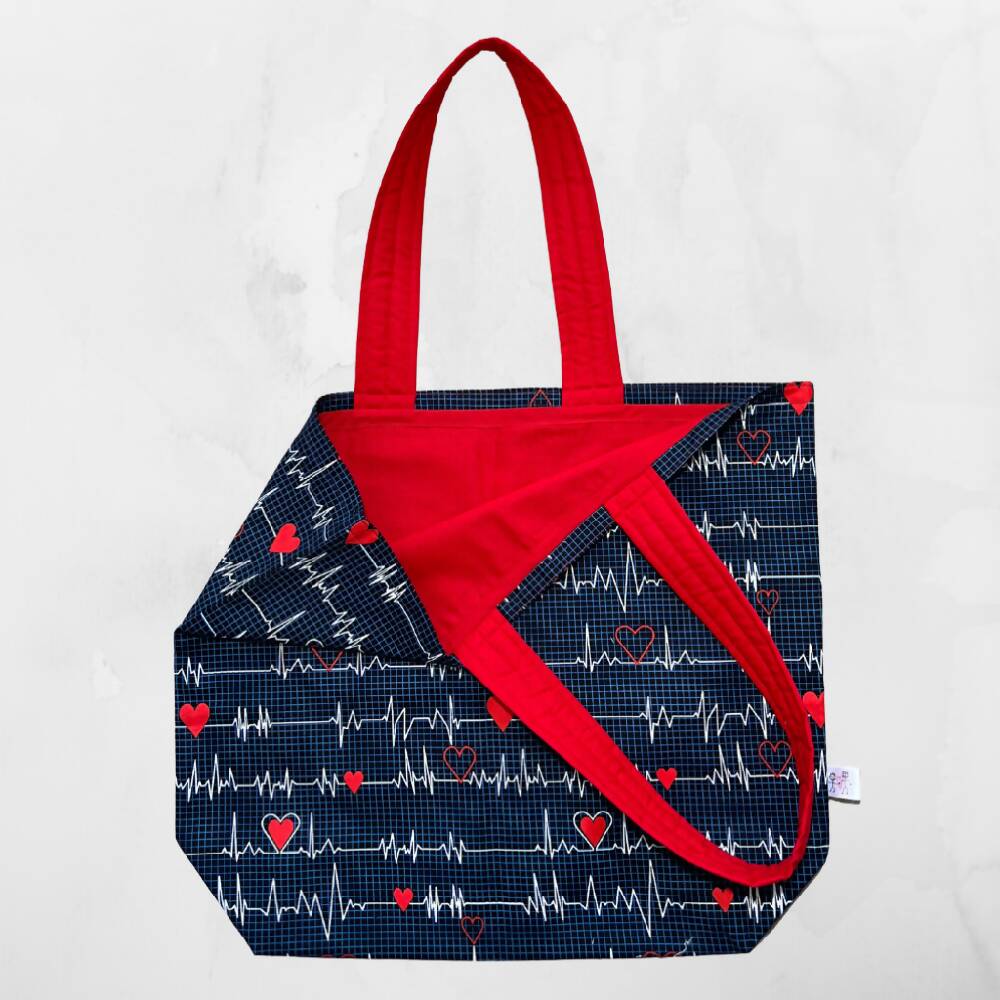 Grocery Tote .. Lined with storage pouch.. Heartbeat
