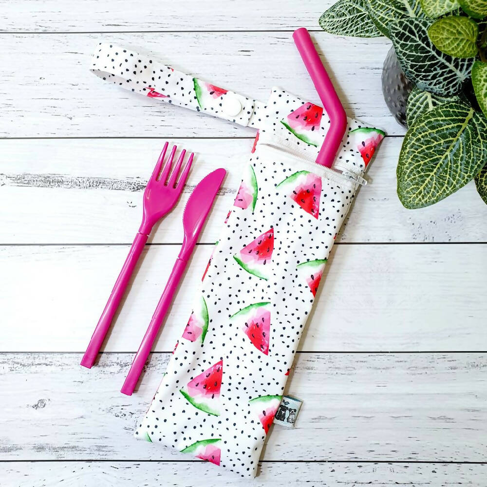 Reusable Waterproof Zip Bag, Cutlery/Straw - Watermelon