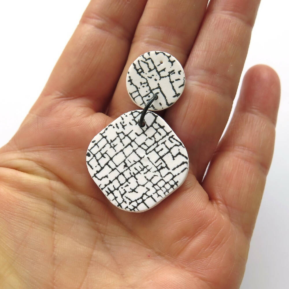 Crackle White and Black Statement Polymer Clay Earrings