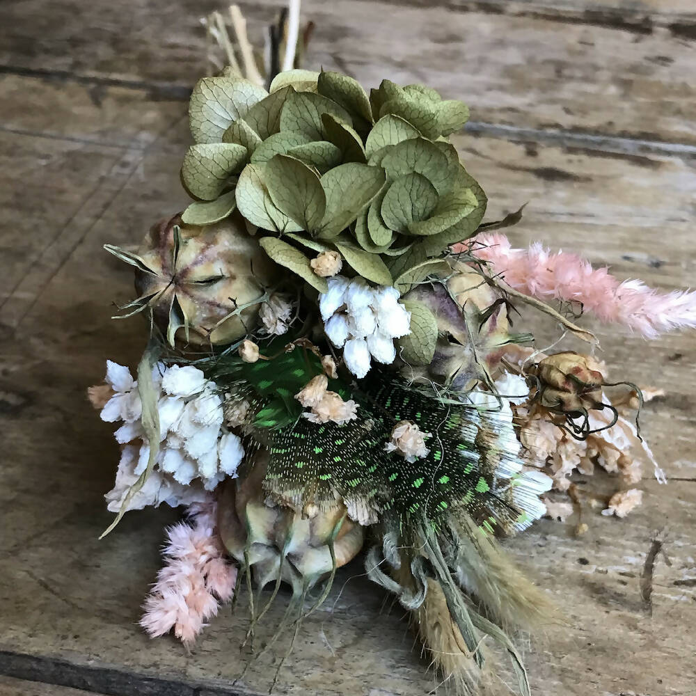 Green and natural posy with feathers 21cm