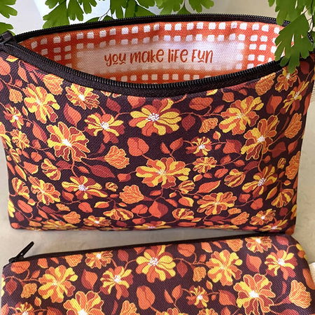 Zipper Purse - Brown-orange-70s-floral-pattern with secret message inside #18