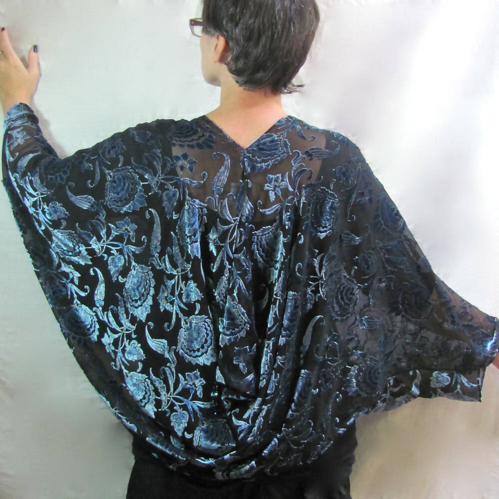 Dark Blue on Black Devore Velvet 1930s Style Evening Jacket / Kimono Wrap