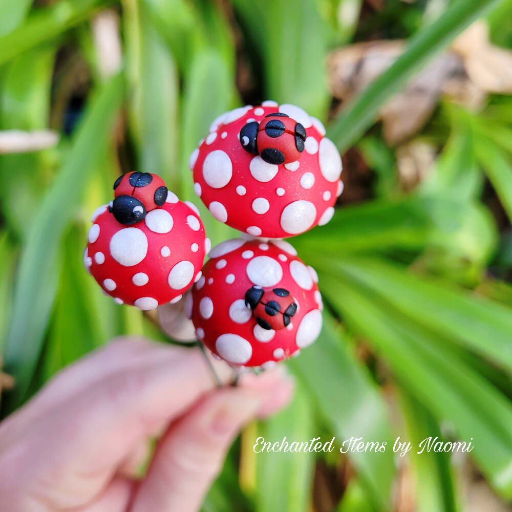 Traditional red Fairy garden Mushrooms with Ladybirds set of 3