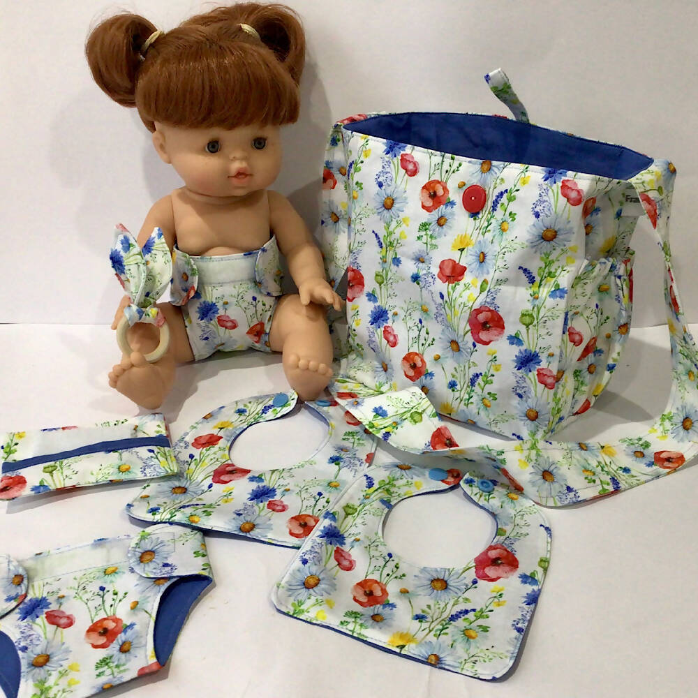 Nappy Bag and accessories for Baby Doll - cornflower and poppy #1