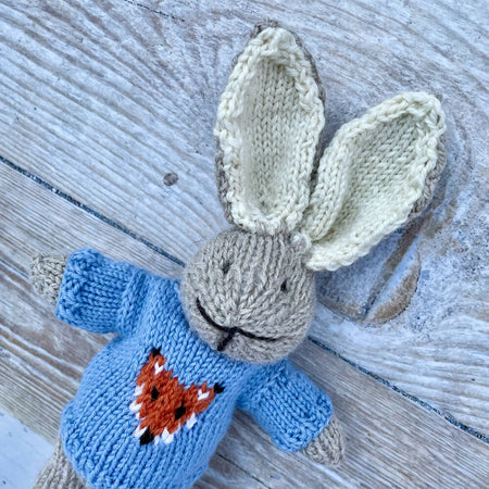 Finn the Hand Knitted Bunny Rabbit Toy with Cute Blue Fox Jumper