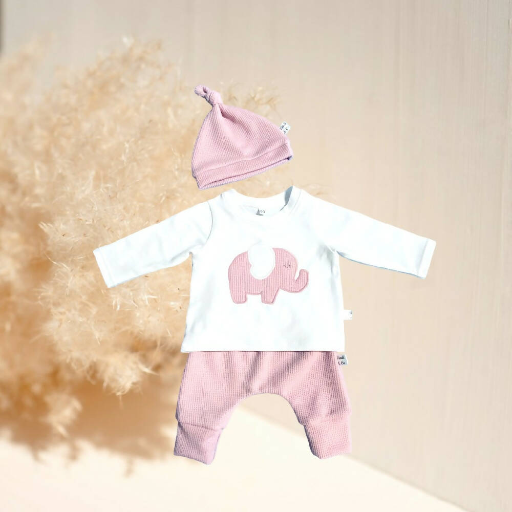 Beanie, Long Sleeve and Harem Pants with Pink Elephant Applique Design