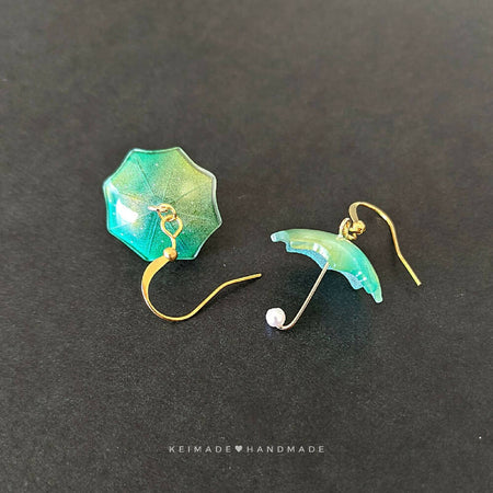 Green Umbrella Dangle Earrings - Cute Rainy Day Brolly Jewellery