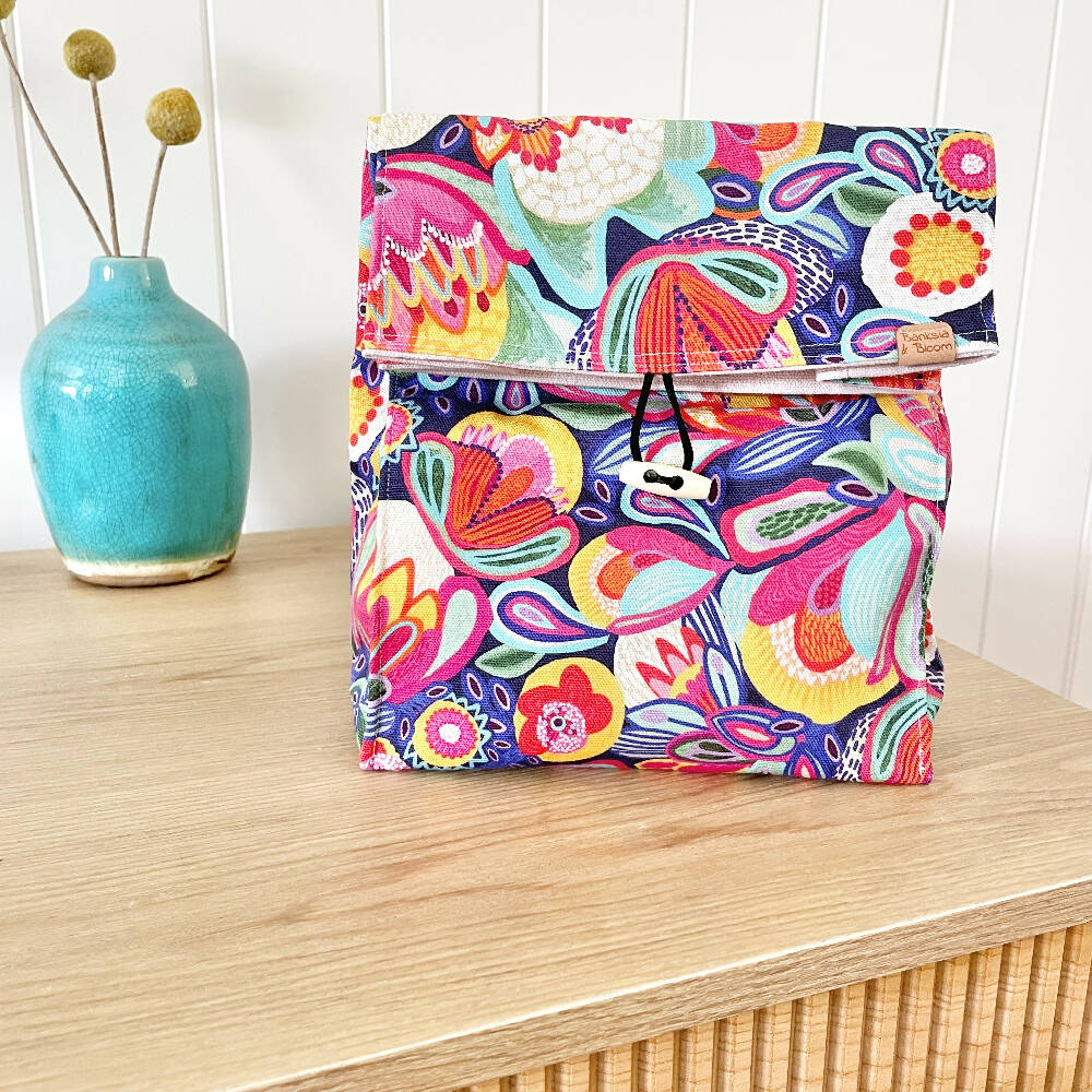 Lunch Bag Cotton Canvas~ Reusable, Fold Over~ Bright Blooms