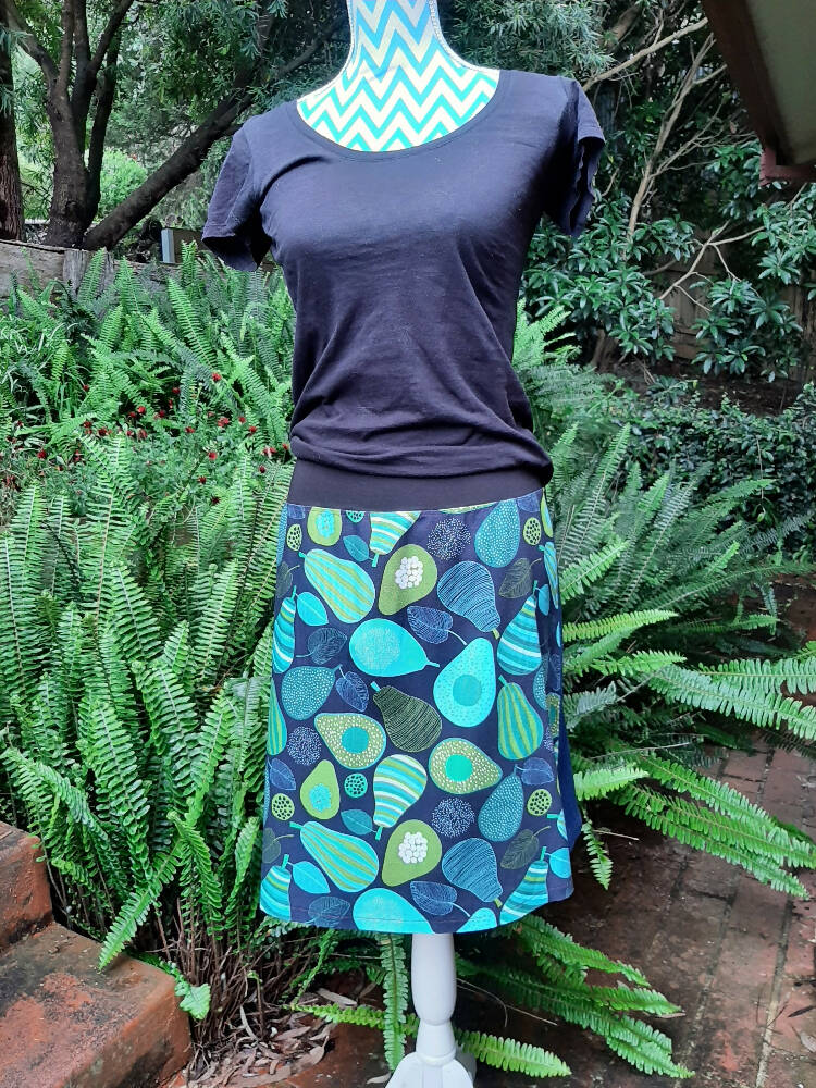 Avocado and pear skirt in blues and greens