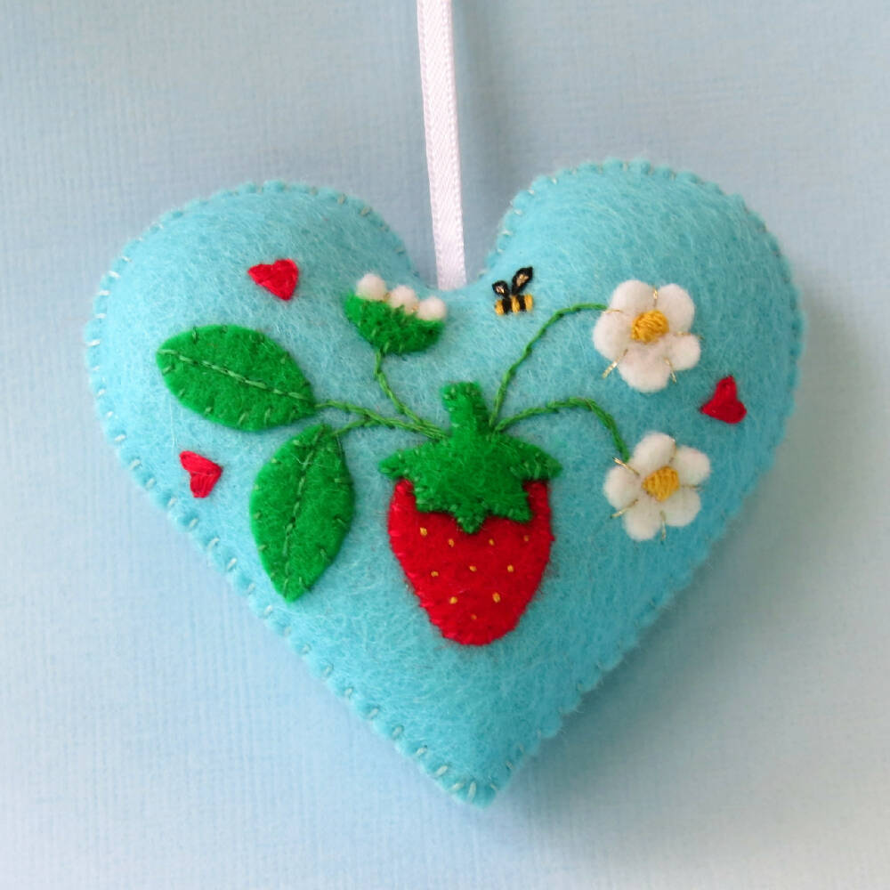 Heart Ornament - Embroidered Wool Felt - Strawberry Decoration