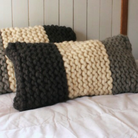 Extreme knit cushion cover. Grey panelled cushion .Big Knitting Cushion.