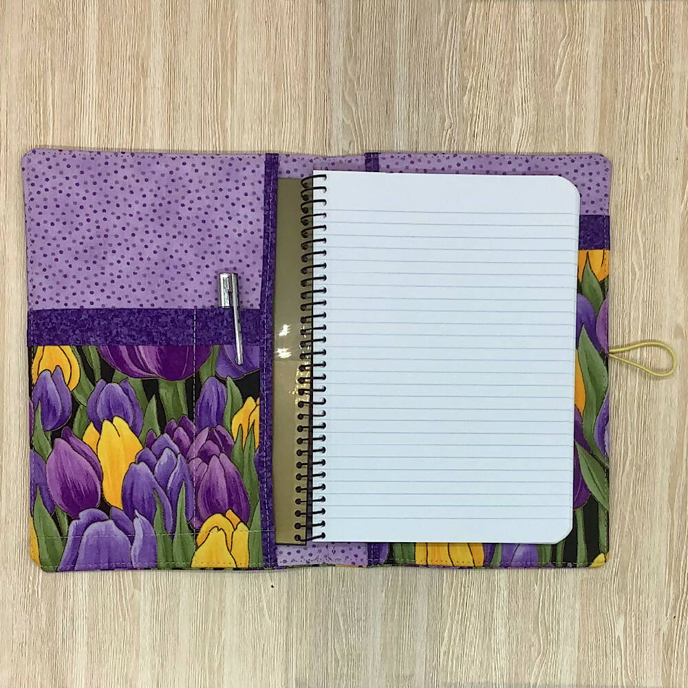 Purple Tulips refillable A5 fabric notebook cover gift set - Incl. book and pen.