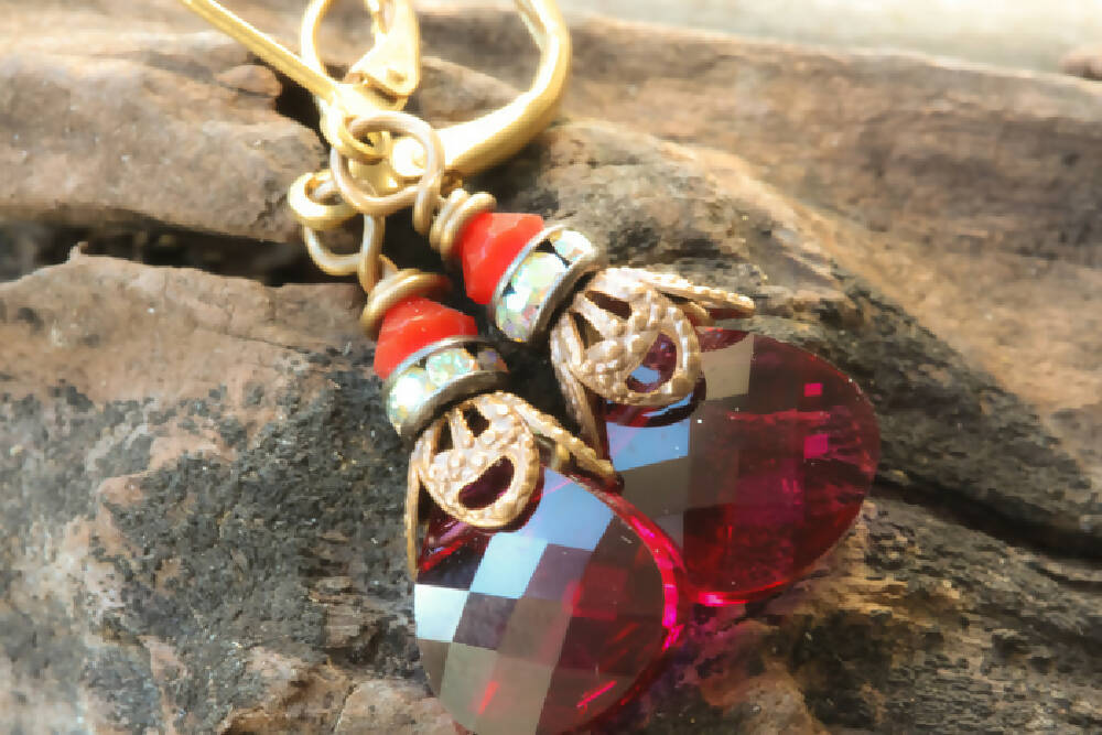 Swarovski Crystal & Brass Drop Earrings Ruby Briolette