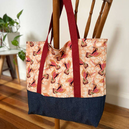 Tote Bag for Shopping/Market/Beach – Hummingbirds (Peach) + Denim