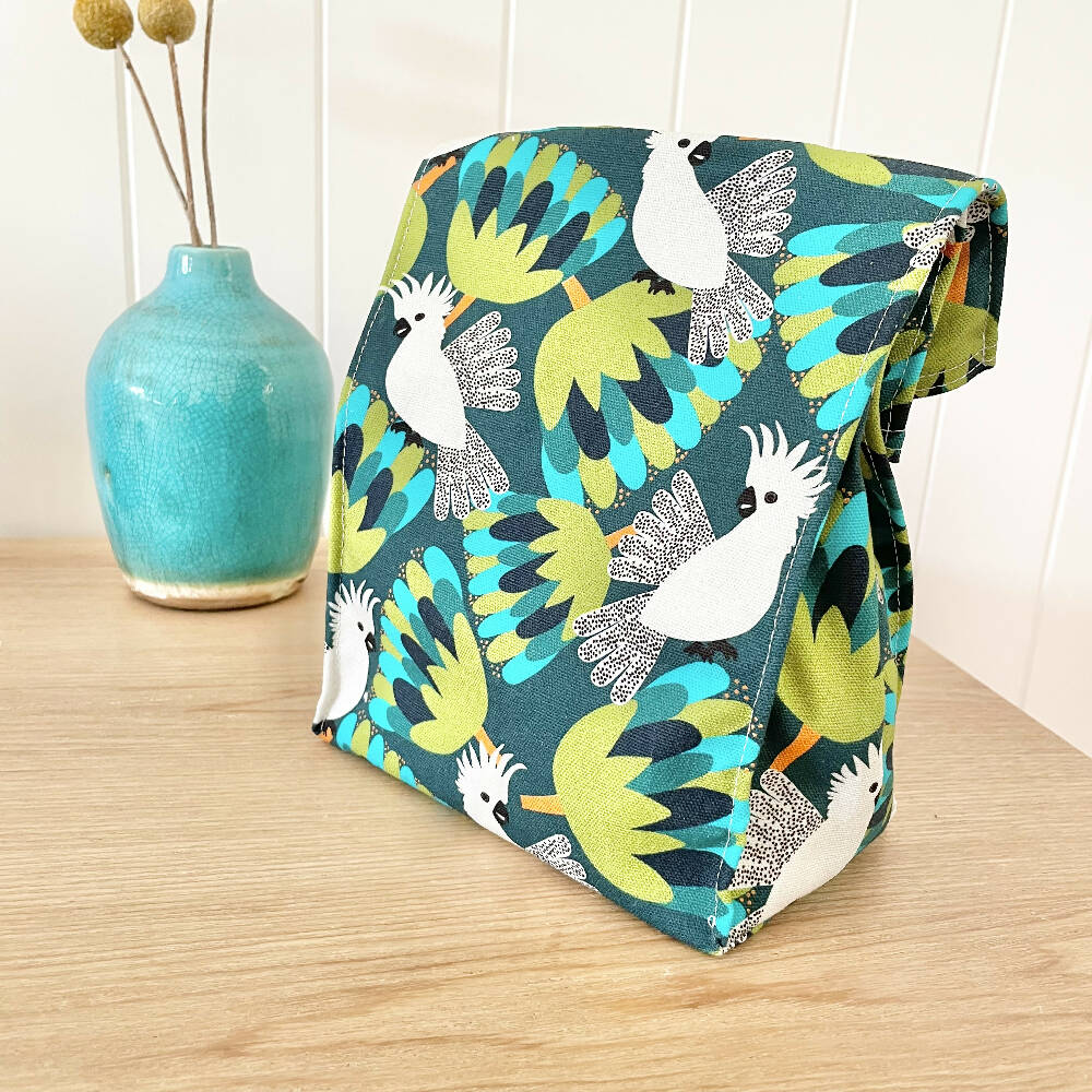 Lunch Bag Cotton Canvas~ Reusable, Fold Over~ Cockatoos