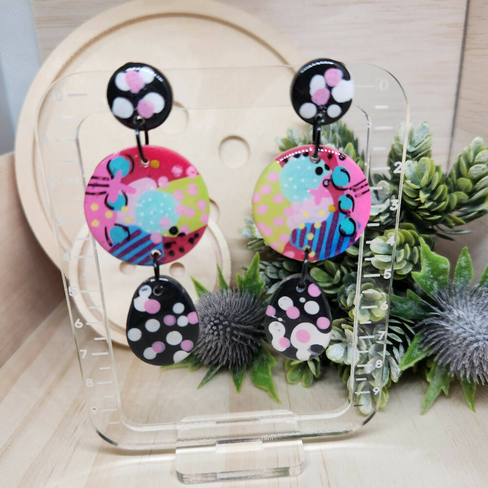 Pink Abstract Trio Dangle Earrings - Hand Painted - Handcast Resin - Anne