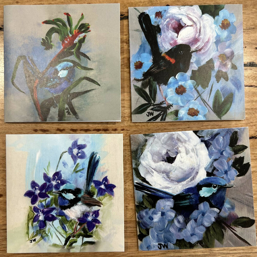 Wrens and Flowers Card Set - Blue (6 pack)