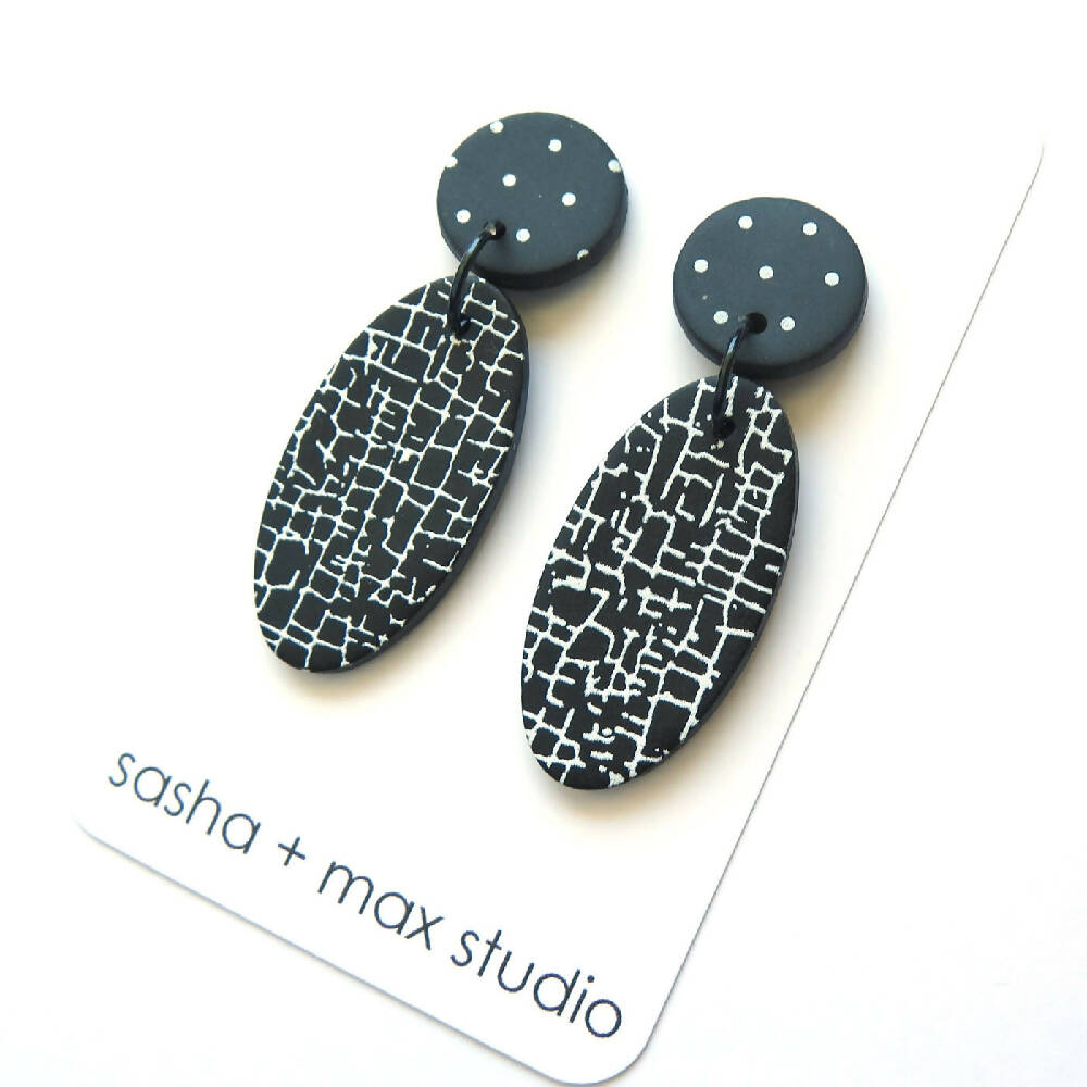Crackle Black and White Statement Earrings - Large oval polymer clay