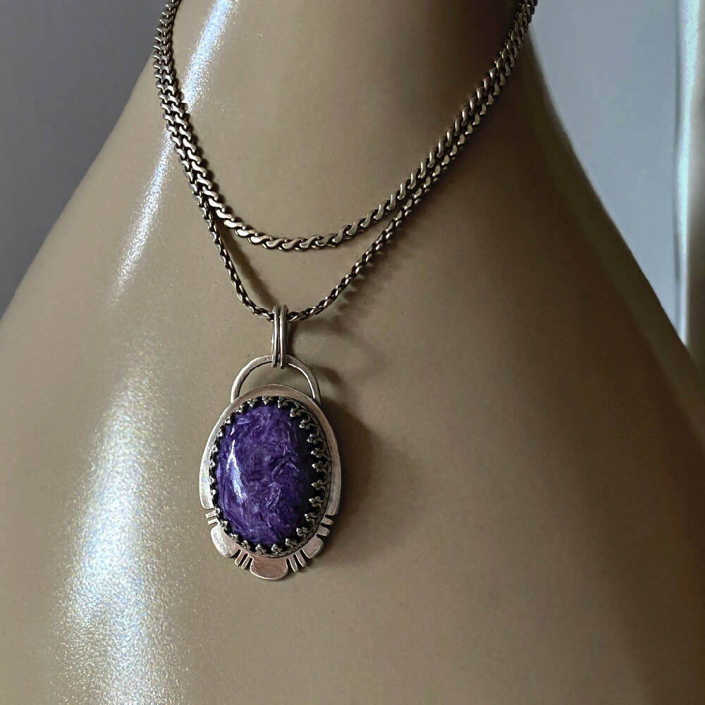 Pendant Sterling Silver Charoite Oval Purple Gothic Rn L