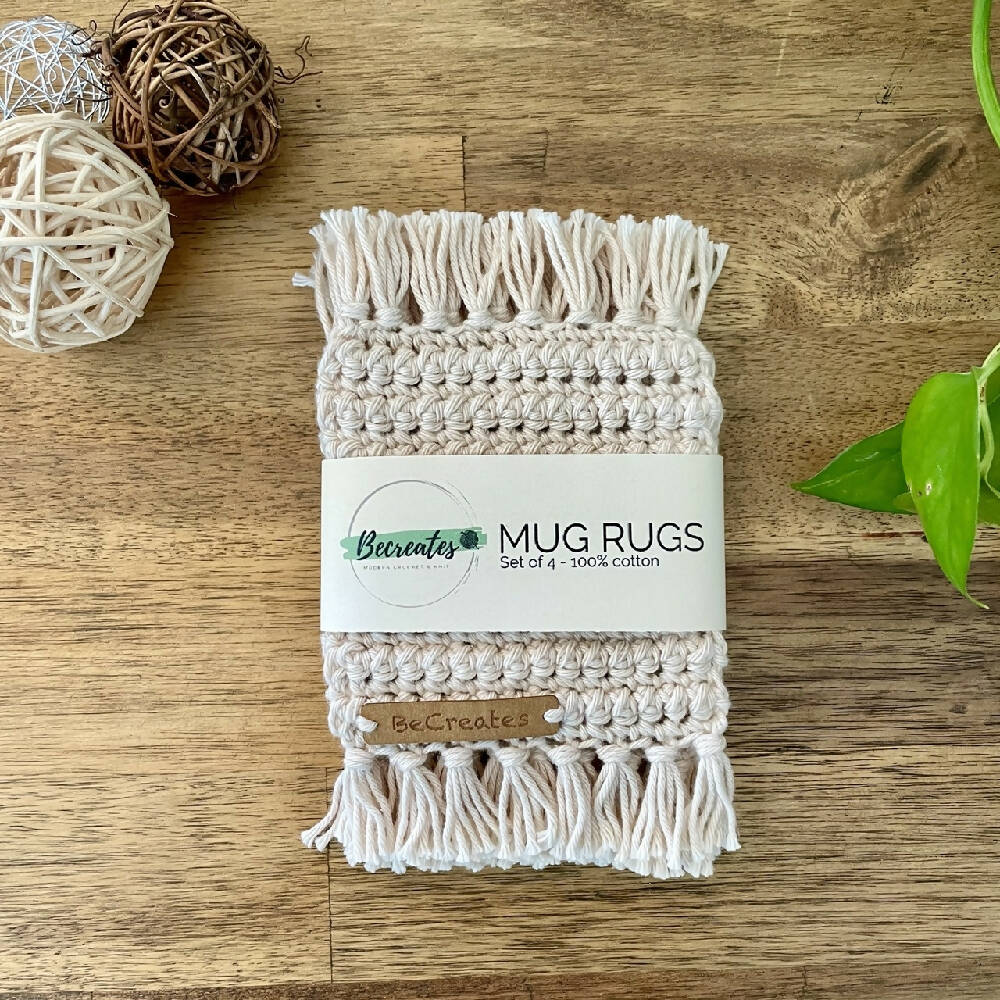 Mug Rug | Crochet Coaster with fringed edge - Natural