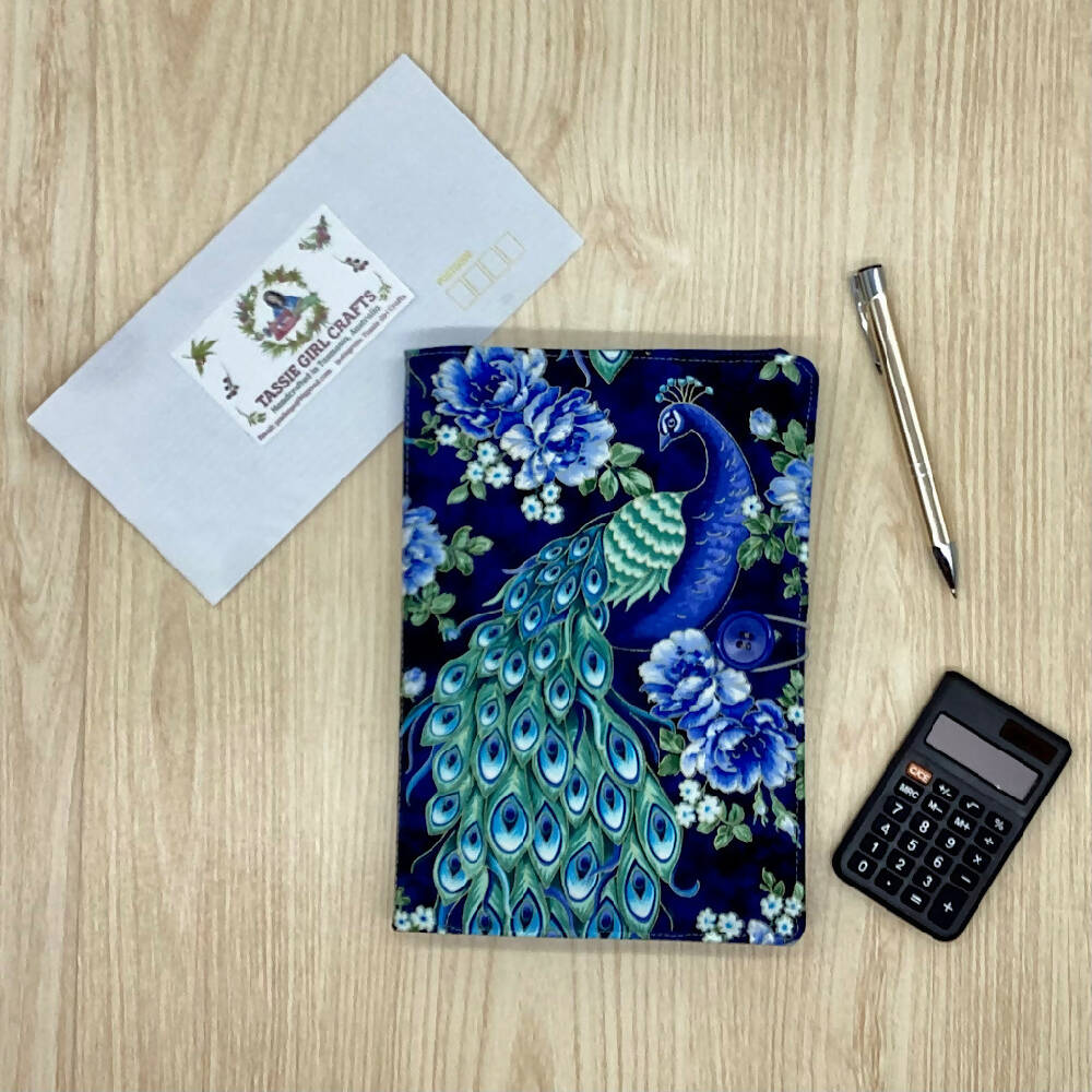 Peacocks refillable A5 fabric notebook cover gift set - Incl. book and pen.