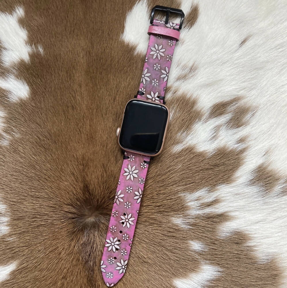 Leather Apple Watch Band - Pink with White Flowers
