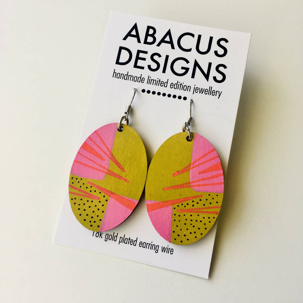 Hand painted chartreuse yellow and pink geometric wooden earrings