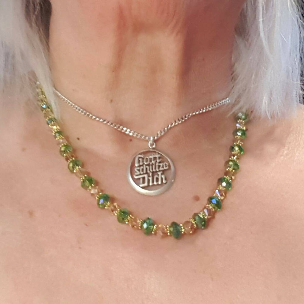 Crystal necklace, green and gold with gold clasp