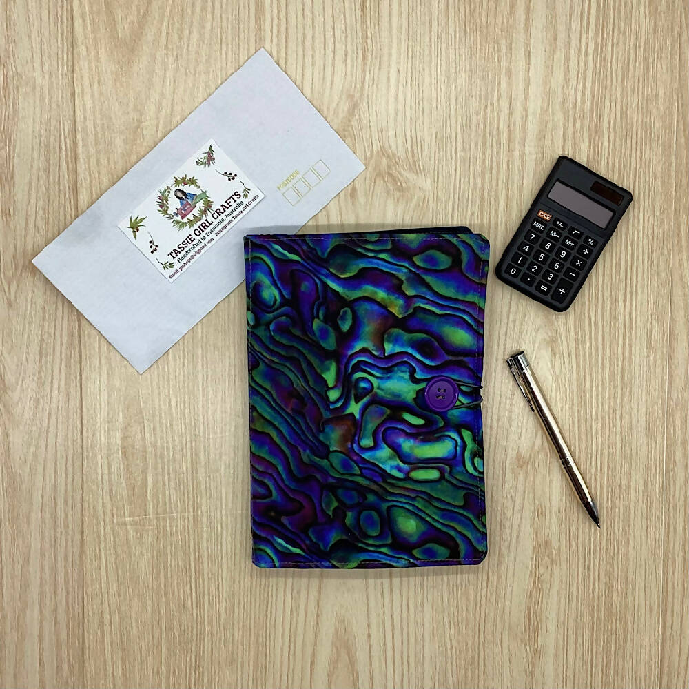 Paua Shell refillable A5 fabric notebook cover gift set - Incl. book and pen.